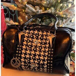 Large Houndstooth Tote LANY Crossbody Strap Rhinestones Silver Hardware
